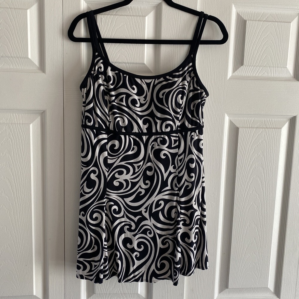 Robby Len Scroll Print Swimdress Womens Size 14 Black White Modest Swimwear